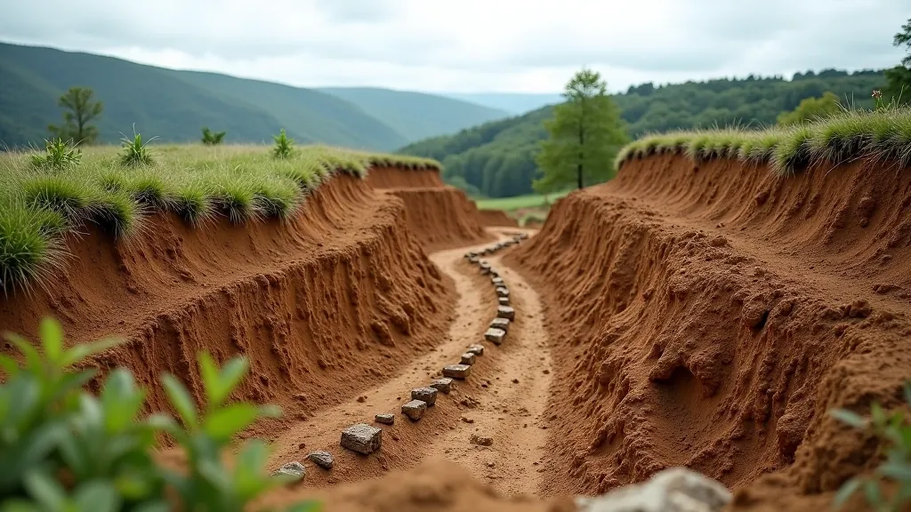 Medinis šachtos šachtinis turėtas piliakalnio šlaite, molio ir žemės sluoksniai, tylos žemė