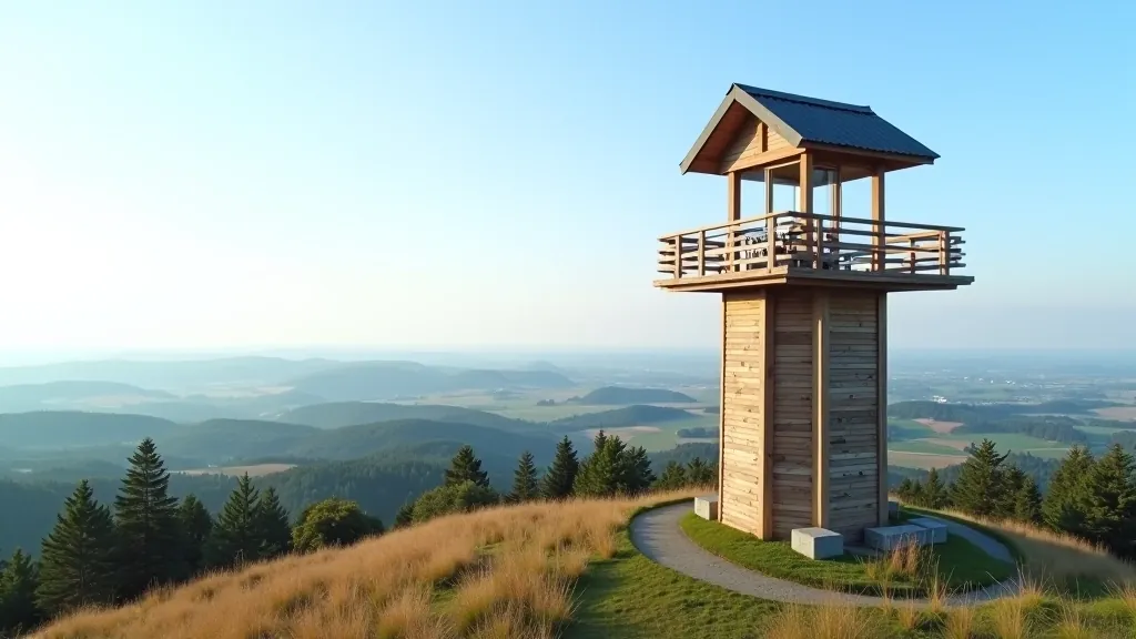 Aukštutinio piliakalnio viršūnė su moderniu žvalgybos bokštu, apžvalgos platformos su railais