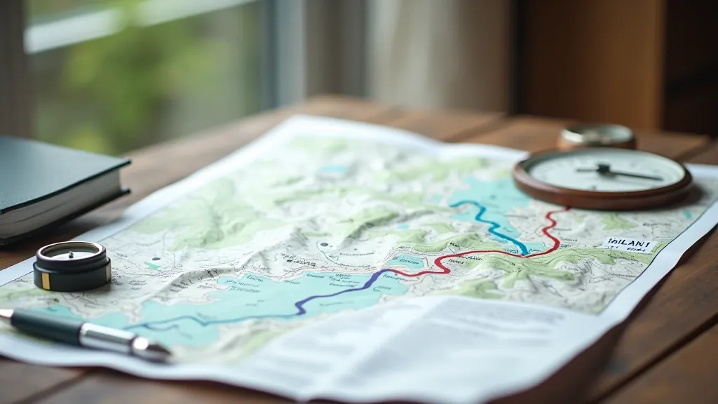 Žemėlapis, kompasas ir žemėlapyje pažymėtas maršrutas ant stalo